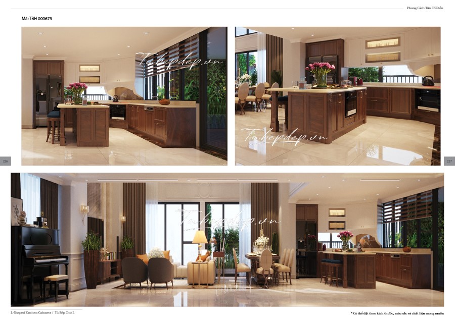 Thiết kế phòng bếp biệt thự tân cổ điển gỗ óc chó